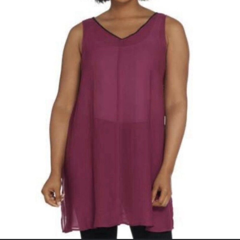 Logo Lori Goldstein Layers Semi Sheer Purple Plum Tunic Top Plus Size 3X Black